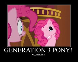 Size: 750x600 | Tagged: safe, artist:crossoverprincess, edit, edited screencap, screencap, pinkie pie, earth pony, pony, g3, g4, season 3, too many pinkie pies, betcha can't make a face crazier than this, clone, female, g3 faic, g4 to g3, generation leap, hater, mare, motivational poster, pinkie clone, pinkie's silly face, smiling
