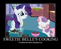Size: 750x600 | Tagged: safe, artist:crossoverprincess, edit, edited screencap, screencap, rarity, sweetie belle, pony, unicorn, g4, season 2, sisterhooves social, burnt juice, cooking, female, filly, foal, food, liquid toast, mare, motivational poster, sweetie belle can't cook, sweetie fail