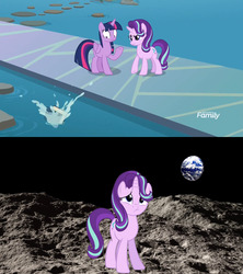 Size: 1920x2160 | Tagged: safe, edit, edited screencap, screencap, starlight glimmer, twilight sparkle, alicorn, pony, unicorn, g4, school daze, banishment, book, book abuse, bookhorse, discovery family logo, earth, eea rulebook, moon, punishment, sad, sadlight glimmer, this will end in tears and/or a journey to the moon, thug, to the moon, twilight sparkle (alicorn)