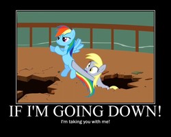 Size: 750x600 | Tagged: safe, artist:crossoverprincess, edit, edited screencap, screencap, derpy hooves, rainbow dash, pegasus, pony, g4, season 2, the last roundup, butt touch, caption, derp, destroyed, destruction, duo, falling, female, hoof on butt, mare, motivational poster, railing, unamused, wide eyes