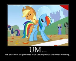 Size: 750x600 | Tagged: safe, artist:crossoverprincess, edit, edited screencap, screencap, applejack, bon bon, doctor whooves, rainbow dash, sweetie drops, time turner, earth pony, pegasus, pony, fall weather friends, g4, season 1, bound wings, female, lesbian, motivational poster, ship:appledash, shipping, tying