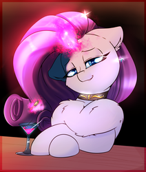 Size: 1100x1300 | Tagged: safe, artist:madacon, rarity, pony, unicorn, g4, chest fluff, ear piercing, earring, female, glass, glowing horn, horn, impossibly large chest fluff, jewelry, looking at you, magic, mare, necklace, piercing, solo, telekinesis, wine glass