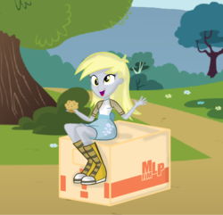 Size: 1024x987 | Tagged: safe, artist:cutederpyhooves, derpy hooves, human, equestria girls, g4, cardboard box, converse, female, food, metal gear, muffin, shoes, sneakers, solo, waving