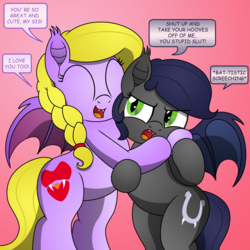 Size: 3000x3000 | Tagged: safe, artist:an-tonio, artist:pananovich, oc, oc:flourish glade, oc:frostbite, bat pony, bat pony oc, blonde, collaboration, cutie mark, dialogue, duo, duo female, fangs, female, gradient background, high res, hug, sisters, wings