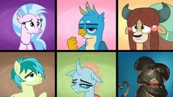 Size: 1674x940 | Tagged: safe, edit, edited screencap, screencap, gallus, ocellus, sandbar, silverstream, yona, classical hippogriff, griffon, hippogriff, g4, school daze, blorg, stellaris