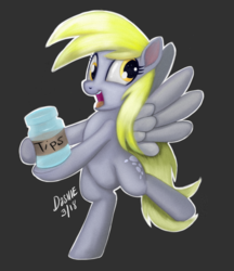 Size: 1024x1183 | Tagged: safe, artist:humbertomena, artist:rainbowdash, derpy hooves, pegasus, pony, g4, derp, female, gray background, happy, jar, simple background, solo, tip jar