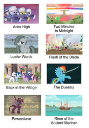 Size: 2300x3307 | Tagged: safe, edit, edited screencap, screencap, big macintosh, discord, double diamond, marble pie, night glider, party favor, pinkie pie, rainbow dash, soarin', spike, spitfire, starlight glimmer, sugar belle, the sphinx, pony, sphinx, daring done?, dungeons and discords, g4, hearthbreakers, lesson zero, my little pony: the movie, ppov, the cutie re-mark, to where and back again, 2 minutes to midnight, aces high, back in the village, boat, equal four, flash of the blade, heavy metal, high res, iron maiden, losfer words, meme, pirate rainbow dash, powerslave (album), rainbow nuke, reference, rime of the ancient mariner, sword, the duellists, weapon