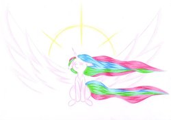Size: 1024x718 | Tagged: safe, artist:rurihal, princess celestia, alicorn, pony, g4, eyes closed, female, halo, simple background, sitting, solo, spread wings, traditional art, white background, windswept mane, wings