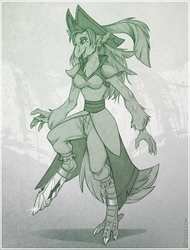 Size: 750x987 | Tagged: safe, artist:drpickelle, captain celaeno, parrot pirates, g4, my little pony: the movie, beauty mark, breasts, clothes, cosplay, costume, female, happy, human to anthro, monochrome, pirate, time to be awesome, transformation