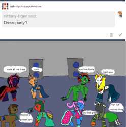Size: 1340x1355 | Tagged: safe, artist:ask-luciavampire, oc, oc:cold front, bat pony, dragon, tumblr:ask-mycrazyroomates, ask, clothes, dress, party, tumblr