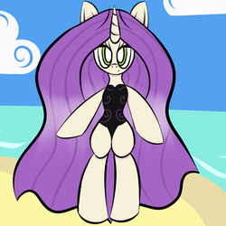 Size: 1000x1000 | Tagged: safe, artist:souldew, oc, oc only, oc:ebony bloodrose, pony, unicorn, beach, clothes, explicit source, solo, swimsuit