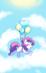 Size: 1280x2024 | Tagged: safe, artist:pandemiamichi, pinkie pie, earth pony, pony, g4, balloon, cloud, eyes closed, female, floating, happy, smiling, solo, then watch her balloons lift her up to the sky