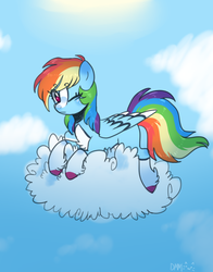 Size: 601x768 | Tagged: safe, artist:pandemiamichi, rainbow dash, pegasus, pony, g4, alternate design, cloud, colored hooves, female, looking at you, mare, one eye closed, prone, signature, sky, solo, unshorn fetlocks, wink
