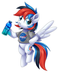Size: 1600x1956 | Tagged: safe, artist:centchi, oc, oc only, oc:retro city, pegasus, pony, bottle, clothes, female, mare, nasa, shirt, simple background, solo, transparent background, watermark