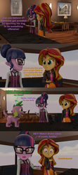 Size: 1920x4320 | Tagged: safe, anonymous artist, spike, spike the regular dog, sunset shimmer, twilight sparkle, dog, equestria girls, g4, 3d, angry, clothes, crystal prep academy uniform, implied middle finger, implied vulgar, school uniform, source filmmaker