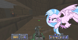 Size: 1707x881 | Tagged: safe, artist:shootingstarsentry, silverstream, classical hippogriff, hippogriff, g4, school daze, console doom, doom, doom wad, female, flying, gmota, gun, image macro, jewelry, lidded eyes, meme, necklace, shotgun, simple background, solo, stairs, that hippogriff sure does love stairs, vector, video game, weapon