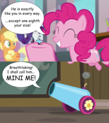 Size: 1600x1800 | Tagged: safe, edit, edited screencap, editor:wild stallions, screencap, applejack, pinkie pie, rarity, g4, school daze, the gift of the maud pie, austin powers, austin powers: the spy who shagged me, dr. evil, mini-me, mini-me (austin powers), movie reference, party cannon, the world's smallest party cannon