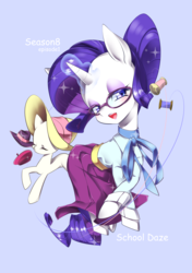 Size: 705x1000 | Tagged: safe, artist:nabebuta, rarity, pony, unicorn, g4, school daze, beret, blue background, clothes, female, glasses, hair bun, hat, looking at you, mare, ponyquin, schoolmarm rarity, simple background, solo, teacher