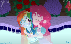 Size: 4409x2756 | Tagged: safe, artist:darkest-lunar-flower, pinkie pie, rainbow dash, equestria girls, equestria girls series, g4, blushing, clothes, commission, cute, duo, female, geode of super speed, kissing, lesbian, magical geodes, ship:pinkiedash, shipping, swimming pool, wet clothes, wet hair