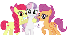 Size: 1024x503 | Tagged: safe, artist:guzzlord, apple bloom, scootaloo, sweetie belle, earth pony, pegasus, pony, unicorn, g4, alternate cutie mark, alternate universe, braid, cutie mark crusaders, female, mare, older, older apple bloom, older scootaloo, older sweetie belle, raised hoof, scootaloo can't fly, simple background, transparent background, trio