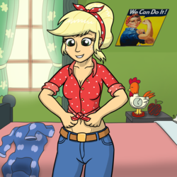 Size: 1280x1280 | Tagged: safe, alternate version, artist:mkogwheel, applejack, equestria girls, equestria girls series, five to nine, g4, applejack's bedroom, bed, belly button, clothes, daisy dukes, female, freckles, front knot midriff, midriff, pajamas, rosie the riveter, shorts, solo, we can do it!