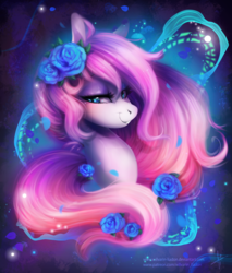 Size: 2258x2656 | Tagged: safe, artist:wilvarin-liadon, oc, oc only, oc:rosey, pony, beautiful, blue rose, female, flower, flower in hair, high res, mare, rose, smiling, solo