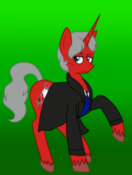 Size: 3000x4000 | Tagged: safe, artist:chelseawest, oc, oc only, oc:carl hill, pony, unicorn, clothes, green background, high res, male, raised hoof, simple background, solo, stallion, suit