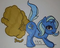 Size: 400x318 | Tagged: safe, artist:lewdtempest, trixie, pony, unicorn, g4, fart, fart cloud, fart noise, female, looking at you, mare, onomatopoeia, raised tail, solo, sound effects, tail, the great and flatulent trixie, traditional art
