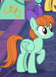 Size: 322x442 | Tagged: safe, screencap, citrine spark, peppermint goldylinks, pegasus, pony, g4, school daze, background pony, bow, cropped, female, friendship student, hair bow, mare, raised hoof, solo focus