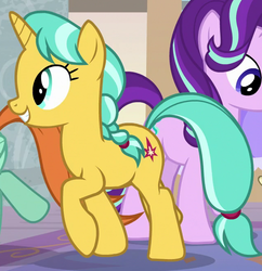 Size: 641x663 | Tagged: safe, screencap, citrine spark, peppermint goldylinks, starlight glimmer, pony, unicorn, g4, school daze, background pony, braid, character named in the comments, cropped, female, friendship student, mare, name suggestion in the comments, raised hoof, solo focus