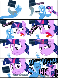 Size: 2136x2864 | Tagged: safe, artist:navitaserussirus, edit, trixie, twilight sparkle, asktwixiegenies, g4, comic, female, high res, lesbian, ship:twixie, shipping, tongue out, tumblr