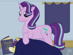 Size: 1978x1509 | Tagged: safe, artist:kindheart525, starlight glimmer, oc, oc:shining star, pony, unicorn, kindverse, g4, book, coat markings, female, male, mama starlight, mother and son, offspring, parent:starlight glimmer, parent:sunburst, parents:starburst, socks (coat markings), story included