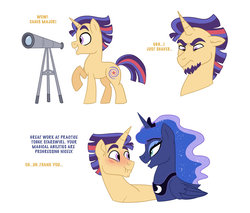 Size: 1024x872 | Tagged: safe, artist:cascayd, princess luna, oc, oc:starswirl, alicorn, pony, g4, beard, blushing, character study, colt, dialogue, facial hair, male, next generation, offspring, parent:flash sentry, parent:twilight sparkle, parents:flashlight, scrunchy face, simple background, telescope, text, white background