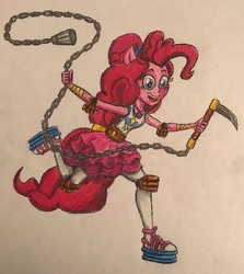 Size: 2607x2921 | Tagged: safe, artist:bozzerkazooers, pinkie pie, equestria girls, g4, my little pony equestria girls: better together, chains, clothes, female, high res, kusarigama, ninja, open mouth, sickle, simple background, solo, traditional art, weapon, white background