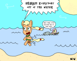 Size: 1000x800 | Tagged: safe, artist:bjdazzle, applejack, fluttershy, princess celestia, shark, g4, atg 2017, beach, clothes, juice, juice box, newbie artist training grounds, ocean, panic, petting, scared, sun, swimming, swimsuit, water