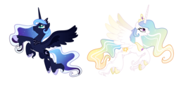 Size: 1600x844 | Tagged: safe, artist:guzzlord, princess celestia, princess luna, alicorn, pony, g4, colored wings, crown, duo, ethereal fetlocks, ethereal mane, female, flying, gradient mane, gradient wings, jewelry, long feather, mare, redesign, regalia, royal sisters, simple background, sisters, spread wings, transparent background, ultimate luna, unshorn fetlocks, wings