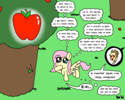 Size: 1000x800 | Tagged: safe, artist:bjdazzle, applejack, fluttershy, pegasus, pony, g4, apple, apple tree, atg 2017, eyes on the prize, food, glowing, implied flutterbat, newbie artist training grounds, sweat, sweet apple acres, that pony sure does love apples, thinking, tree