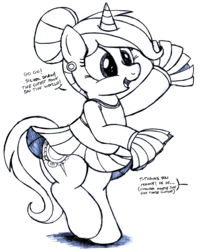 Size: 2397x3000 | Tagged: safe, artist:an-tonio, oc, oc only, oc:golden brooch, pony, unicorn, cheerleader, cheerleader outfit, clothes, cute, dialogue, earring, female, hair bun, high res, jewelry, milf, moe, monochrome, mother, ocbetes, offscreen character, pearl earrings, pleated skirt, pom pom, skirt, skirt lift, solo