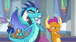 Size: 1280x720 | Tagged: safe, screencap, clever musings, princess ember, smolder, violet twirl, dragon, pony, unicorn, g4, school daze, angry, authority, background pony, claws, clenched fist, crossed arms, demanding, dragoness, duo focus, female, folded wings, forced, friendship student, gritted teeth, hand on chest, horns, leaning, narrowed eyes, pouting, raised eyebrow, rebellious teen, school of friendship, spoiled brat, spread wings, sulking, wings