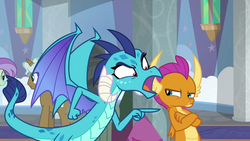 Size: 1280x720 | Tagged: safe, screencap, clever musings, princess ember, smolder, violet twirl, dragon, pony, g4, school daze, angry, background pony, dragoness, duo focus, female, friendship student, leaning, open mouth, pointing, sulking, teenaged dragon