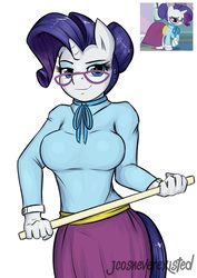Size: 905x1280 | Tagged: safe, artist:jcosneverexisted, rarity, anthro, g4, school daze, breasts, busty rarity, clothes, discipline, female, glasses, looking at you, ruler, schoolmarm rarity, simple background, solo, teacher, white background