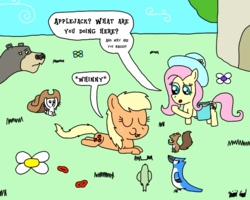 Size: 1000x800 | Tagged: safe, artist:bjdazzle, angel bunny, applejack, fluttershy, harry, bird, blue jay, squirrel, g4, applejack's hat, atg 2017, cowboy hat, fluttershy's cottage, grazing, hat, herbivore, horses doing horse things, newbie artist training grounds, nudity, saddle bag, we don't normally wear clothes, whinny