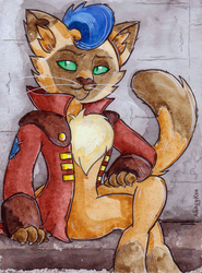 Size: 858x1161 | Tagged: safe, artist:nancyksu, capper dapperpaws, abyssinian, anthro, g4, my little pony: the movie, chest fluff, looking at you, male, sexy, sitting, solo, stupid sexy capper, traditional art, watercolor painting