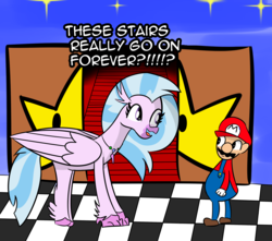 Size: 2933x2596 | Tagged: safe, artist:artiks, silverstream, classical hippogriff, hippogriff, g4, school daze, dialogue, endless stairs, high res, male, mario, stairs, super mario 64, super mario bros., that hippogriff sure does love stairs