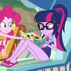 Size: 497x497 | Tagged: safe, screencap, feather bangs, pinkie pie, sci-twi, twilight sparkle, equestria girls, friendship math, g4, my little pony equestria girls: better together, clothes, feet, geode of telekinesis, glasses, ponytail, sandals, schrödinger's pantsu, sci-twi swimsuit, swimsuit, umbrella
