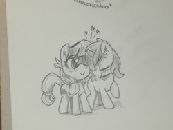 Size: 3968x2976 | Tagged: safe, artist:the-wag, dinky hooves, lily longsocks, earth pony, pony, unicorn, g4, adorable face, blushing, cute, daaaaaaaaaaaw, dinkabetes, duo, female, filly, foal, foal romance, heart, high res, hnnng, lesbian, raised hoof, request, requested art, ship:dinkily, shipping, sketch, snuggling, traditional art