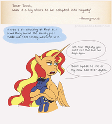Size: 2700x2976 | Tagged: safe, artist:overlordneon, sunset shimmer, oc, oc:dusk eclipse, alicorn, pony, unicorn, g4, adopted offspring, alicornified, colt, dialogue, don't talk to me or my son ever again, duo, female, foal, high res, holding a pony, hug, implied lesbian, implied shipping, implied sunsetsparkle, male, mare, mother and son, offscreen character, race swap, shimmercorn