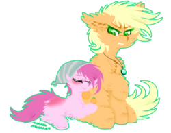 Size: 1024x795 | Tagged: safe, artist:vanillaswirl6, oc, oc only, oc:orange, oc:strawberry, earth pony, pony, :>, annoyed, butt fluff, butt freckles, chest fluff, colored pupils, commission, duo, ear fluff, eyes closed, freckles, hat, hoof fluff, jewelry, leg fluff, lying down, male, necklace, raised hoof, simple background, sitting, transparent background