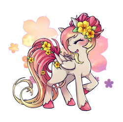 Size: 1024x1015 | Tagged: safe, artist:cowslip, oc, oc only, pegasus, pony, commission, eyes closed, flower, flower in hair, hair bun, pegasus oc, raised hoof, simple background, unshorn fetlocks, white background, wings