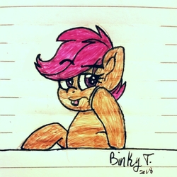 Size: 2117x2117 | Tagged: safe, artist:binkyt11, scootaloo, pegasus, pony, g4, :p, bored, female, filly, high res, lined paper, looking back, pen drawing, silly, solo, tongue out, traditional art